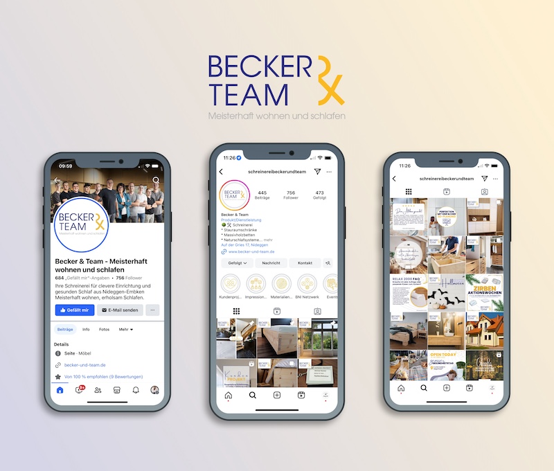Smartphones mit mehreren Ansichten der Social-Media-Kanäle. Auf einem Smartphone ist die Facebook-Startseite von Schreinerei Becker und Team zu sehen. Auf den anderen beiden Ansichten werden jeweils die Instagram-Startseite und die Post-Übersicht gezeigt.