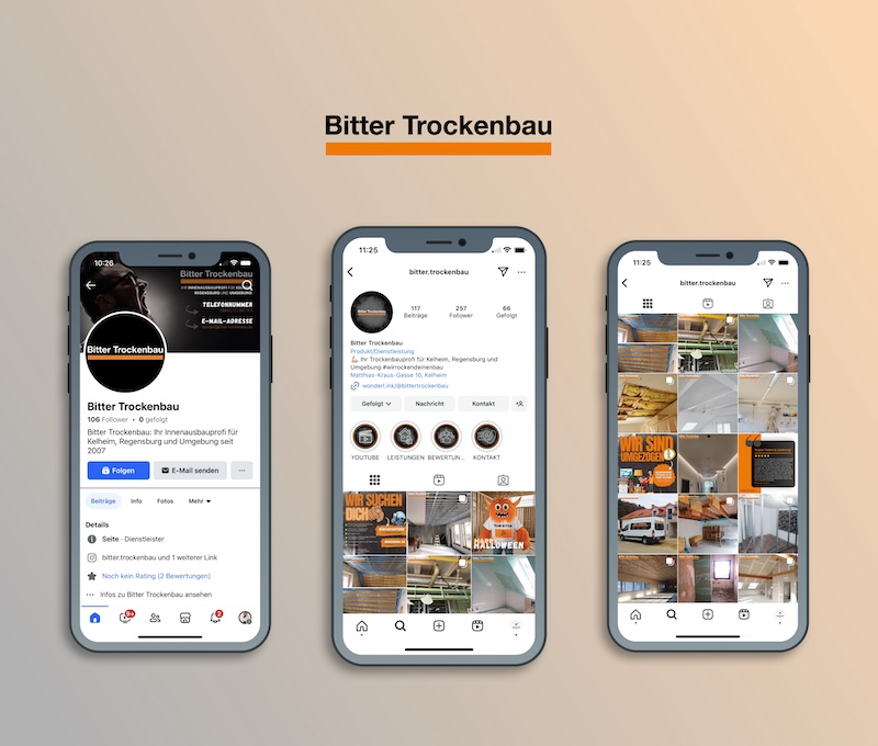 Smartphones mit mehreren Ansichten der Social-Media-Kanäle. Auf einem Smartphone ist die Facebook-Startseite von Bitter Trockenbau zu sehen. Auf den anderen beiden Ansichten werden jeweils die Instagram-Startseite und die Post-Übersicht gezeigt.