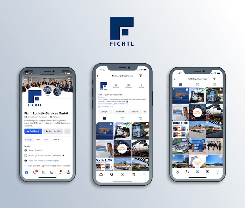 Smartphones mit mehreren Ansichten der Social-Media-Kanäle. Auf einem Smartphone ist die Facebook-Startseite von Fichtl Logistik-Services zu sehen. Auf den anderen beiden Ansichten werden jeweils die Instagram-Startseite und die Post-Übersicht gezeigt.