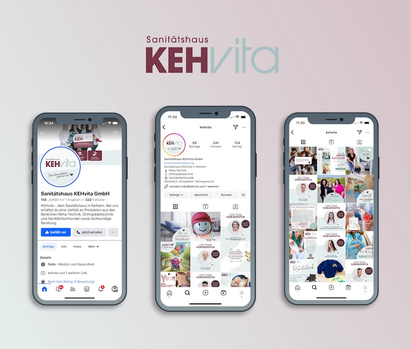 Smartphones mit mehreren Ansichten der Social-Media-Kanäle. Auf einem Smartphone ist die Facebook-Startseite von KEHvita zu sehen. Auf den anderen beiden Ansichten werden jeweils die Instagram-Startseite und die Post-Übersicht gezeigt.