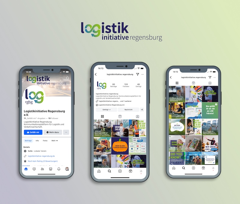 Smartphones mit mehreren Ansichten der Social-Media-Kanäle. Auf einem Smartphone ist die Facebook-Startseite von der Logistikinitiative Regensburg zu sehen. Auf den anderen beiden Ansichten werden jeweils die Instagram-Startseite und die Post-Übersicht gezeigt.
