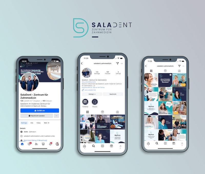 Smartphones mit mehreren Ansichten der Social-Media-Kanäle. Auf einem Smartphone ist die Facebook-Startseite von SalaDent zu sehen. Auf den anderen beiden Ansichten werden jeweils die Instagram-Startseite und die Post-Übersicht gezeigt.