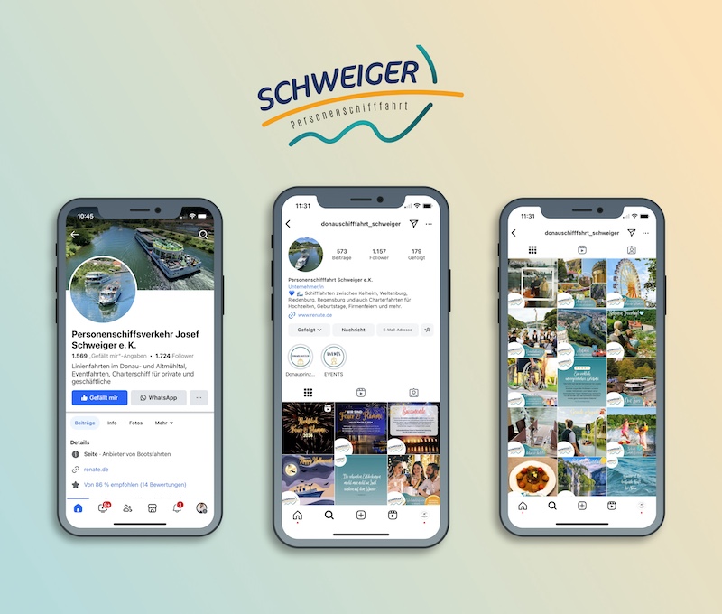 Smartphones mit mehreren Ansichten der Social-Media-Kanäle. Auf einem Smartphone ist die Facebook-Startseite von Josef Schweiger's Personenschiffsverkehr zu sehen. Auf den anderen beiden Ansichten werden jeweils die Instagram-Startseite und die Post-Übersicht gezeigt.
