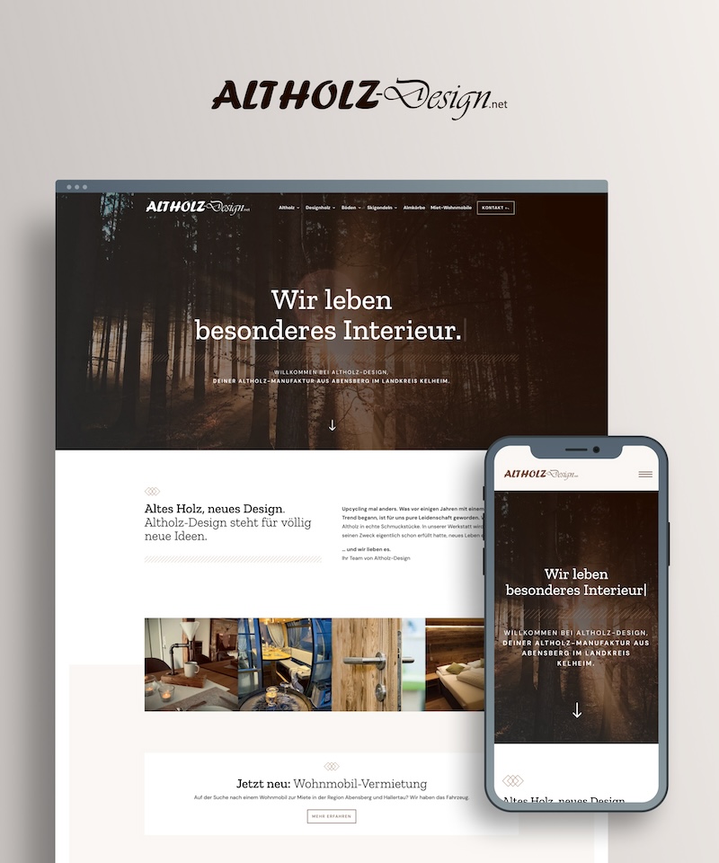 Startseiten-Ansichten auf dem Desktop und dem Smartphone der Firma Altholz Design