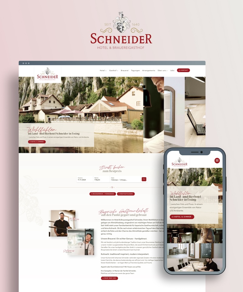 Startseiten-Ansichten auf dem Desktop und dem Smartphone des Bauereigasthofs Schneider