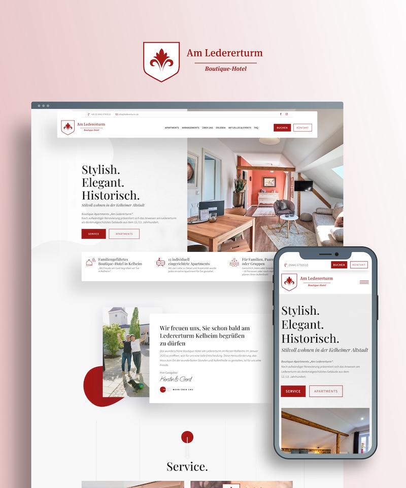 Startseiten-Ansichten auf dem Desktop und dem Smartphone des Hotels am Ledererturm
