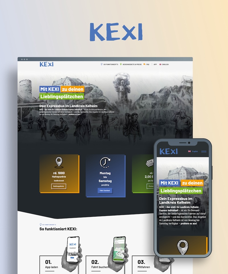 Startseiten-Ansichten auf dem Desktop und dem Smartphone von KEXI