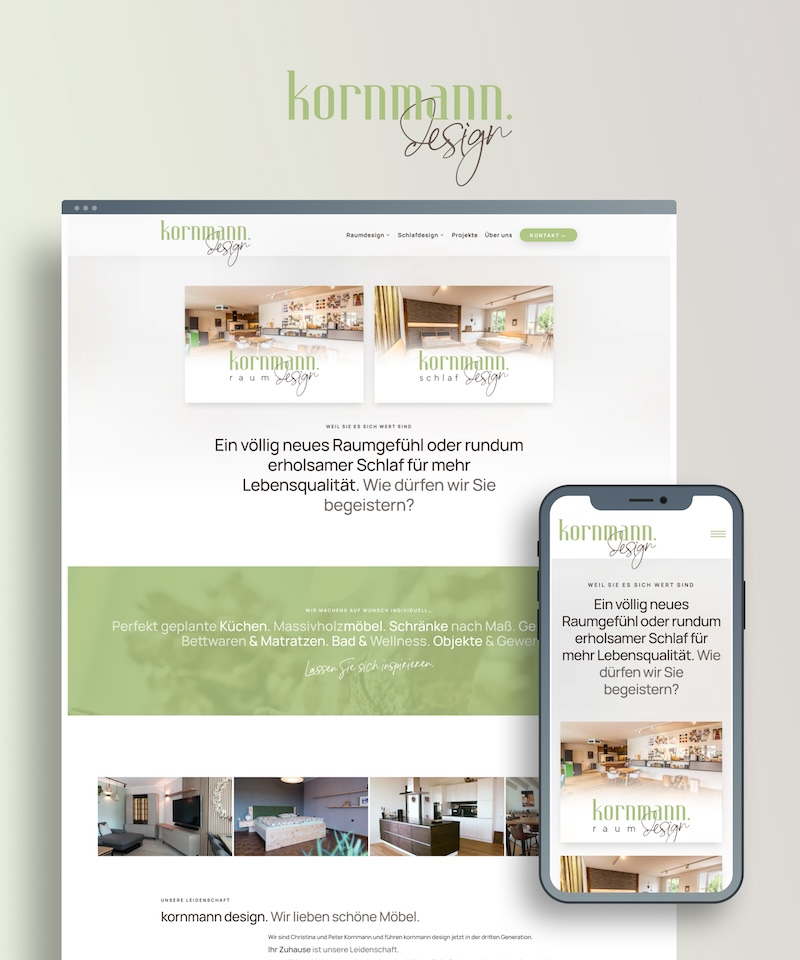 Startseiten-Ansichten auf dem Desktop und dem Smartphone von der Firma Kornmann Design