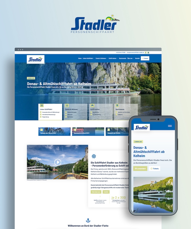 Startseiten-Ansichten auf dem Desktop und dem Smartphone der Personenschifffahrt Stadler