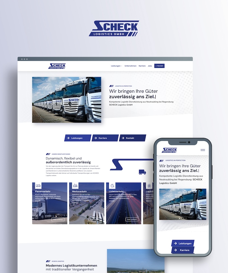 Startseiten-Ansichten auf dem Desktop und dem Smartphone von Scheck Logistics