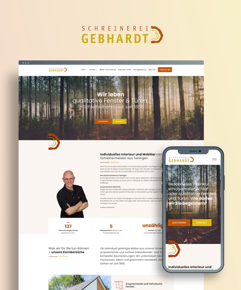 Startseiten-Ansichten auf dem Desktop und dem Smartphone der Schreinerei Gebhardt