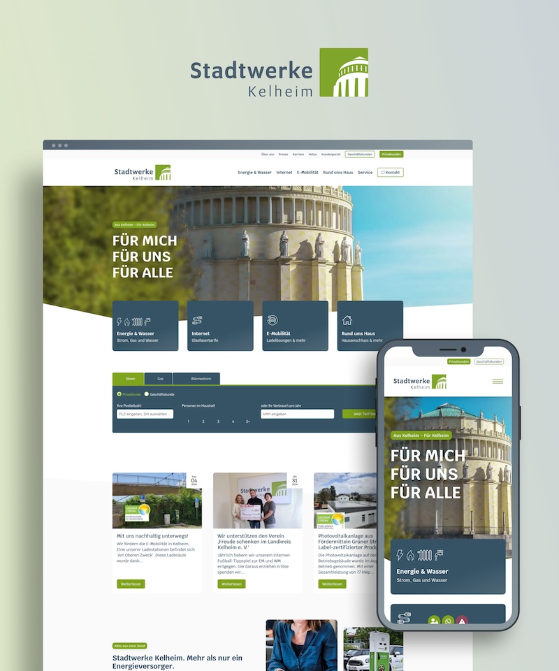 Startseiten-Ansichten auf dem Desktop und dem Smartphone der Stadtwerke Kelheim