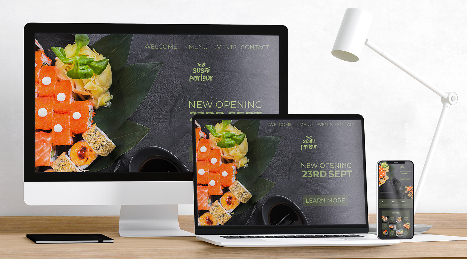 Startseiten-Ansichten auf dem Desktop, Laptop und dem Smartphone vom sushi parlour